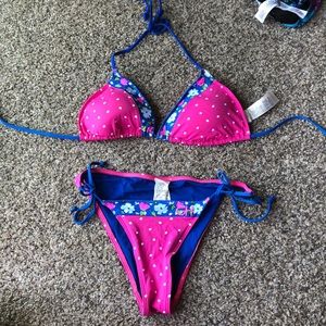 Gully Hicks pink polka dot bikini with blue string